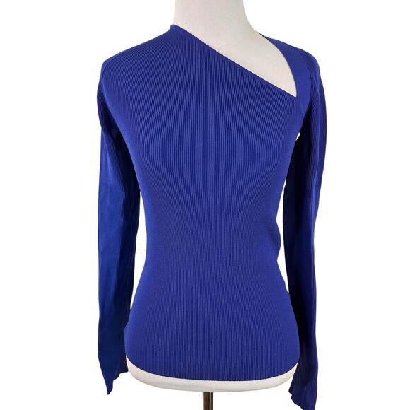 Helmut Lang Royal Blue Raglan Asymmetric Rib Knit Top - Picture 1 of 7